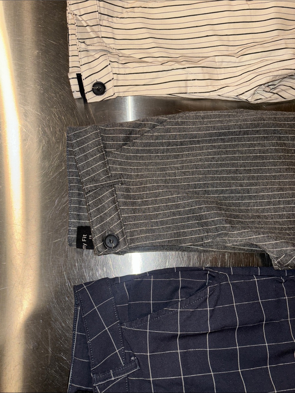 Skinny Fit Men's Navy, Gray & Cream Windowpane and Pinstripe Dress Pants Trio - Picture 2 of 4